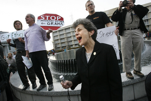 SCOTT SOMMERDORF  |  The Salt Lake Tribune
Rep. Patrice Arent, D-Millcreek, shouts her support of the crowd who were rallying Thursday at the Utah State Capitol against HB477. The bill restricts public access to some government records, including elected officials text messages.