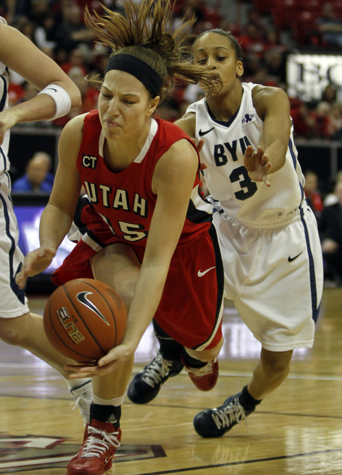 Rick Egan  | Salt Lake Tribune

BYU's  Jazmine Foreman (3) goes after the ball, along with forward, Michelle Plouffe (15), in the Mountain West Conference Championships in Las Vegas, Friday, March 11, 2011.