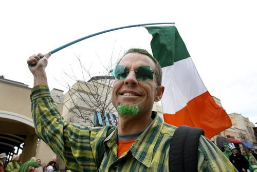 Scott Sommerdorf  |  The Salt Lake Tribune
Mark Milligan, part of the Open Classroom contingent marches in the St. Patrick's Day Parade through The gateway shopping center, Saturday, March 12, 2011.