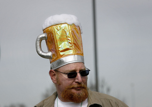 Scott Sommerdorf  |  The Salt Lake Tribune
Jay Sanderson of Clinton wore a beer on his head at the St. Patrick's Day Parade through The gateway shopping center, Saturday, March 12, 2011.