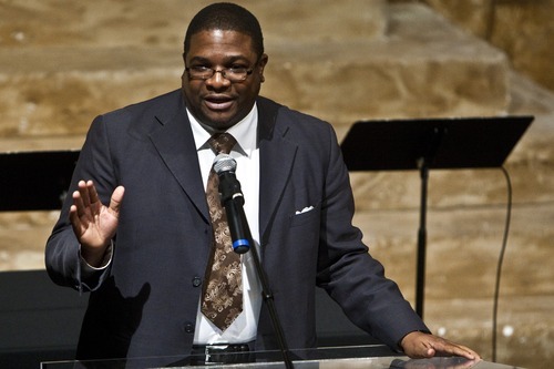 Photo by Chris Detrick | The Salt Lake Tribune 
Senior Pastor Corey Hodges, New Pilgrim Baptist Church, speaks during Standing Together's10th anniversary celebration at the Salt Lake Christian Center Friday March 11, 2011. Standing Together is a consortium of Evangelical Christians in Utah. Hodges is a frequent guest columnist for The Salt Lake Tribune.