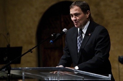 Photo by Chris Detrick | The Salt Lake Tribune 
Governor Gary R. Herbert speaks during Standing Together's10th anniversary celebration at the Salt Lake Christian Center Friday March 11, 2011. Standing Together is a consortium of Evangelical Christians in Utah.