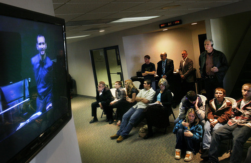 Scott Sommerdorf  |  The Salt Lake Tribune
Part of the overflow crowd at Mountain View Christian Assembly watches Nick Vujicic speak via closed circuit TV, Sunday, March 13, 2011.