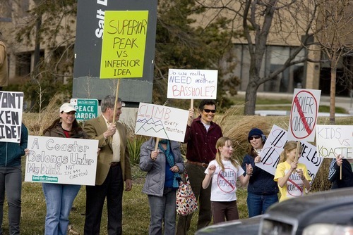 The Salt Lake County Board of Adjustment on Monday ruled against a proposed mountain coaster ride near Snowbird Ski Resort in Little Cottonwood Canyon. This file photo shows a protest at the Salt Lake County Government Center last month opposing the project, which earlier had been approved by the county Planning Commission. Monday's decision changes that. Tribune file photo
