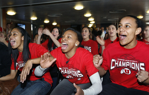 Scott Sommerdorf  |  The Salt Lake Tribune
The University of Utah women's basketball team reacts to the announcement of their being matched against Notre Dame in the first round of the Women's NCAA tournament, Monday, March 13, 2011. in the Huntsman Center Lounge. The front row left to right is; Iwalani Rodrigues, Janita Badon, and Ciera Dunbar.