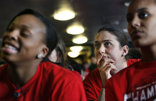 Scott Sommerdorf  |  The Salt Lake Tribune
Michelle Harrison (center) watches the selection show intently waiting to see where her Utes will be seeded. Janita Badon is at left, and Ciera Dunbar is at right. The University of Utah women's basketball team reacts to the announcement of their being matched against Notre Dame in the first round of the Women's NCAA tournament, Monday, March 13, 2011. in the Huntsman Center Lounge.