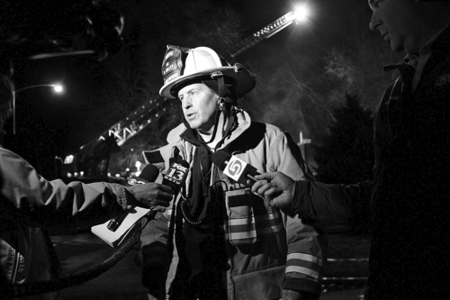 Mario E. Ruiz  |  Special to The Salt Lake Tribune

Provo Deputy Fire Chief Gary Jolley fields questions from reporters ater a fire killed two people at The Boulders apartment complex in Provo on Monday.