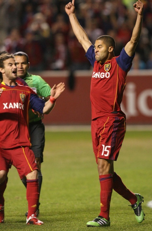 Leah Hogsten  |  The Salt Lake Tribune
Real Salt Lake's Alvaro Saborio celebrates his goal in the ninth minute of the game. Real Salt Lake  played the first  its two-game series against Saprissa of Costa Rica in the CONCACAF Champions League at Rio Tinto Stadium  Tuesday March 15, 2011.