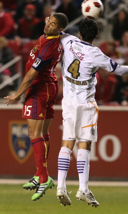 Leah Hogsten  |  The Salt Lake Tribune
Real Salt Lake's Alvaro Saborio takes a header with Sparissa's Jose Mena. 
Real Salt Lake  played the first  its two-game series against Saprissa of Costa Rica in the CONCACAF Champions League at Rio Tinto Stadium  Tuesday March 15, 2011.