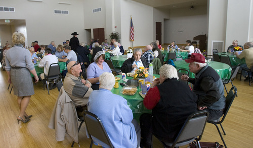 Al Hartmann   |  The Salt Lake Tribune 
Folks eat lunch together in the multipuropse room at the new North Davis Senior Activity Center in Clearfield. The center has a library, lounge, beauty salon, a computer room, art rooms, a separate bingo room and an exercise space large enough for cardio equipment, free weights and Zumba dance classes.