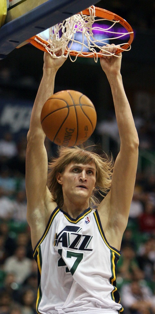 Steve Griffin  |  The Salt Lake Tribune
 
Utah Jazz forward Andrei Kirilenko with a two-handed dunk during a game against the Timberwolves at EnergySolutions Arena  in Salt Lake City on Wednesday, March 16, 2011.