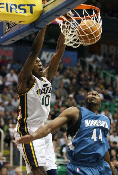 Steve Griffin  |  The Salt Lake Tribune
 
 Utah Jazz forward Jeremy Evans slams the ball over Minnesota's Anthony Tolliver during a game against the Timberwolves at EnergySolutions Arena  in Salt Lake City on Wednesday, March 16, 2011.