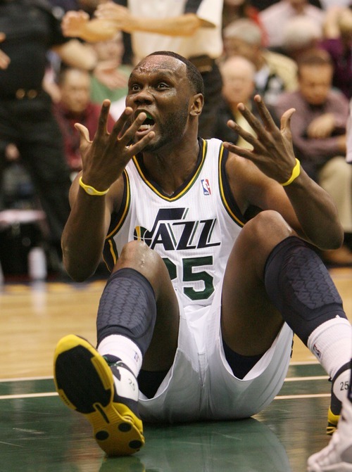 Steve Griffin  |  The Salt Lake Tribune
 
Looking for a foul call, Utah Jazz forward Al Jefferson pleads his case as he sits on the seat of his pants during a game against the Timberwolves at EnergySolutions Arena  in Salt Lake City on Wednesday, March 16, 2011.
