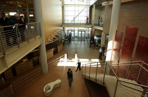 Leah Hogsten  |  The Salt Lake Tribune
Recreation officials and others tour the $26.2 million J.L. Sorenson Recreation Center in Herriman Thursday. The $24 million, 103,000-square-foot platiunum LEED certified building has two pools and a double gymnasium. Sunlight is used as much as possible for daytime illumination.