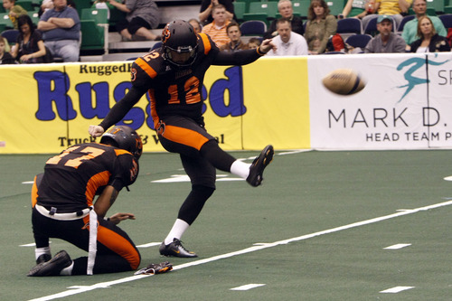 Photo by Chris Detrick | The Salt Lake Tribune 
Utah Blaze's John Wehrle (12) misses a field goal during the game at EnergySolutions Arena Thursday March 17, 2011.
