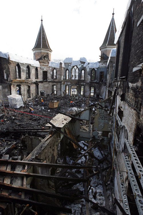 Francisco Kjolseth  |  The Salt Lake Tribune
The Provo fire department gives another tour of the remains of the historic Tabernacle where 75 tons of debris has been removed so far. Though the investigation is not complete the fire department is content to state that the fire was not deliberately set and was from an 