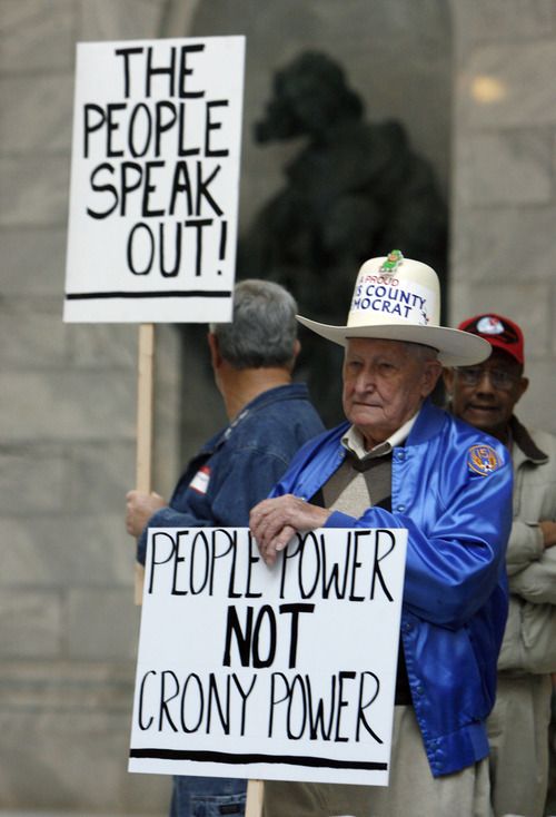 FRANCISCO KJOLSETH  |  The Salt Lake Tribune
Bob Van Velkinburgh, of Syracuse, lets his sentiments be known while attending a rally at the Utah Capitol on Thursday to oppose the new law restricting public access to government records.