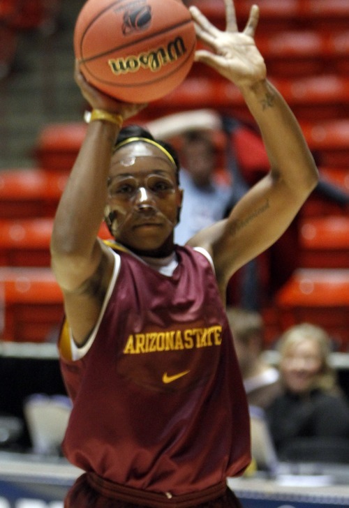 Rick Egan   |  The Salt Lake Tribune

Arizona State Guard, Markisha Patterson (23) takes a shot during the Sun Devils practice, at the Jon M. Huntsman Center in Salt Lake City, Friday, March 18, 2011