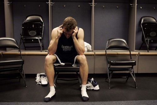 Trent Nelson  |  The Salt Lake Tribune
BYU's Jackson Emery in the locker room as BYU prepares to face Gonzaga in the NCAA Tournament, men's college basketball in Denver, Colorado, Friday, March 18, 2011.
