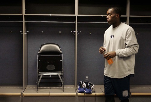 Trent Nelson  |  The Salt Lake Tribune
BYU's Charles Abouo in the locker room as BYU prepares to face Gonzaga in the NCAA Tournament, men's college basketball in Denver, Colorado, Friday, March 18, 2011.