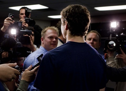 Trent Nelson  |  The Salt Lake Tribune
BYU's Jimmer Fredette answers questions in the locker room as BYU prepares to face Gonzaga in the NCAA Tournament, men's college basketball in Denver, Colorado, Friday, March 18, 2011.