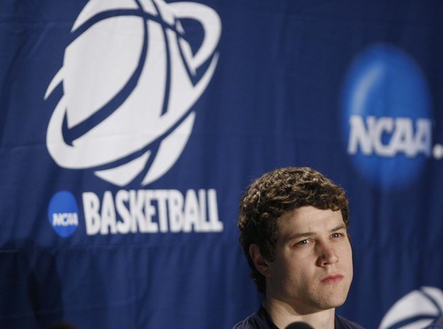 Trent Nelson  |  The Salt Lake Tribune
BYU's Jimmer Fredette listens to a question during a press conference as BYU prepares to face Gonzaga in the NCAA Tournament, men's college basketball in Denver, Colorado, Friday, March 18, 2011.
