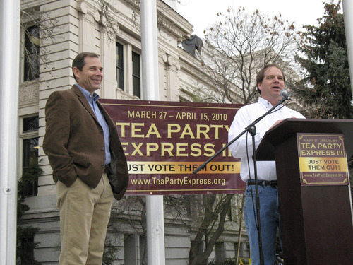 Donald W. Meyers | The Salt Lake Tribune
David Kirkham, Utah tea party organizer, introduces Provo Mayor John Curtis at the Tea Party Express stop at the Historic Utah County Courthouse in Provo Tuesday.