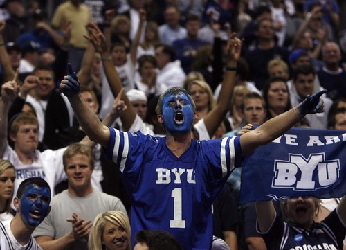 Trent Nelson  |  The Salt Lake Tribune
BYU fans celebrate as BYU defeats Gonzaga in the NCAA Tournament, men's college basketball at the Pepsi Center in Denver, Colorado, Saturday, March 19, 2011, earning a trip to the Sweet 16.