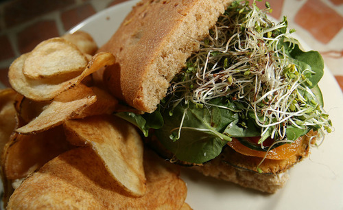 Leah Hogsten  |  The Salt Lake Tribune
The Veggie sandwich with homemade potato chips from Lazy Day Cafe in Millcreek.