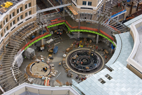 Al Hartmann   |  The Salt Lake Tribune 
High angle view of the City Creek Center's Richards Court Fountain Plaza.