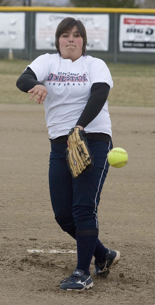 Paul Fraughton  |  The Salt Lake Tribune
Copper Hills softball pitcher Shelby Abeyta fires a few practice pitches.
