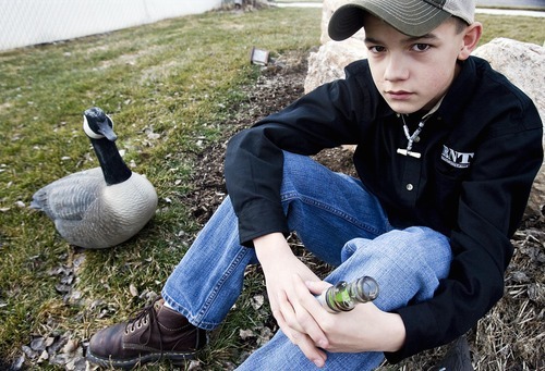 Djamila Grossman  |  The Salt Lake Tribune
Tate Douglas, 15, displays his goose caller at his home in Harrisville Thursday. He will compete in the duck and goose calling contests at the International Sportsman's Expo in Sandy this week.