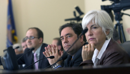 Al Hartmann  |  The Salt Lake Tribune 
Rep. Brian King, center, and Sen.  Patricia Jones, right, listen with other members of the the GRAMA working group that met for the first time Wednesday, March 23.