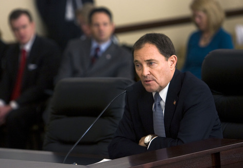 Al Hartmann   |  The Salt Lake Tribune 
Utah Governor Gary Herbert addresses members of the GRAMA working group as it holds its first meeting Wednesday, March 23.