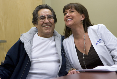 Al Hartmann   |  The Salt Lake Tribune 
Kidney transplant recipient Juan Salazar, 69, of Salt Lake City, shares a laugh Wedneday with Intermountain Medical Center's transplant coordinator Beth Wier.