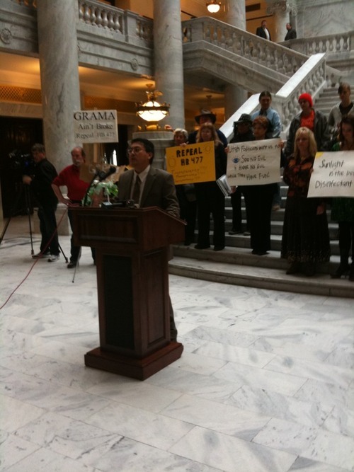 BROOKE ADAMS | The Salt Lake Tribune
Ralliers gather in the Capitol Rotunda to cheer the expected repeal of HB477.