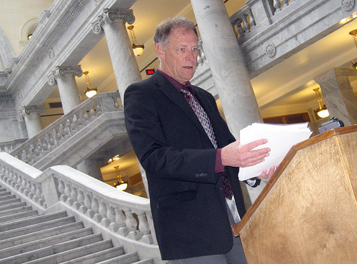 Matthew D. LaPlante | The Salt Lake Tribune

Steve Erickson of the Citizens Education Project prepares for a press conference at the Utah State Capitol, on Thursday, March 24, 2011. In the press conference he alleged that Dugway Proving Ground failed to notify state and local officials of the loss of a vial of VX nerve agent.