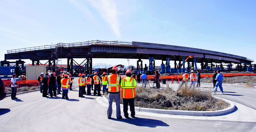 Francisco Kjolseth  |  The Salt Lake Tribune
UDOT gives a media preview Wednesday, March 23, 2011, of the soon-to-be-moved Sam White Bridge over I-15 in American Fork. Measuring 354 feet long, this will be the longest two-span bridge that has ever been moved using Self Propelled Modular Transporters (SPMT) in the Western Hemisphere. The bridge is scheduled to be moved into place in one night on Saturday, March 26.