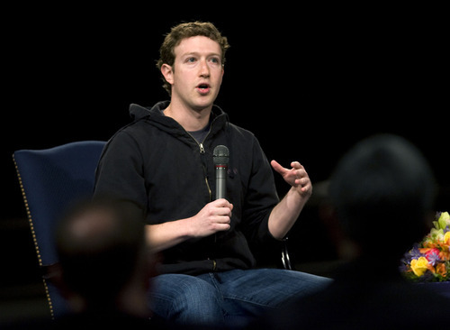 Al Hartmann   |  The Salt Lake Tribune 

Facebook founder Mark Zuckerberg speaks in a tech forum at BYU's Marriott Center on Friday.