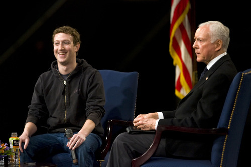 Al Hartmann   |  The Salt Lake Tribune 

Facebook founder Mark Zuckerberg, left, speaks with Utah Sen. Orrin Hatch in a tech forum at BYU's Marriott Center on March 25, 2011.