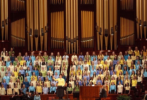 Trent Nelson  |  The Salt Lake Tribune
A choir made up of women from LDS stakes in Salt Lake City performs at the General Young Women's Meeting at the LDS Conference Center in Salt Lake City, Saturday, March 26, 2011. More than 20,000 people, mostly young women, attended.