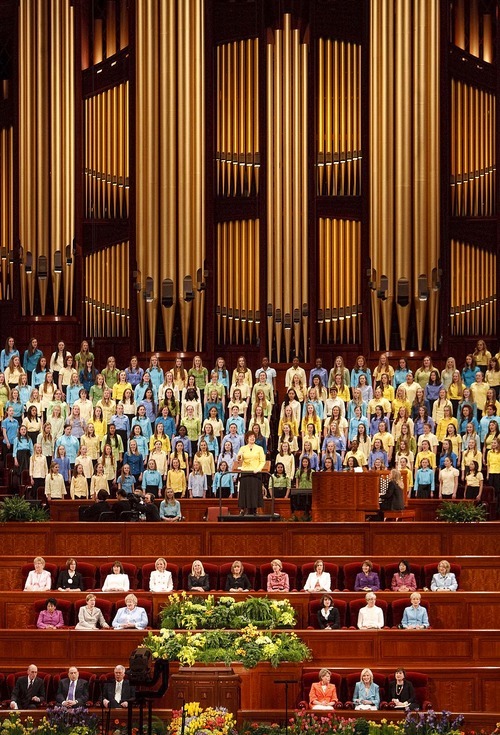 Trent Nelson  |  The Salt Lake Tribune
A choir made up of women from LDS stakes in Salt Lake City performs at the General Young Women's Meeting at the LDS Conference Center in Salt Lake City, Saturday, March 26, 2011. More than 20,000 people, mostly young women, attended.