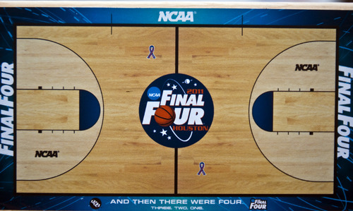 Chris Detrick | The Salt Lake Tribune 
A miniature replica of the Final Four floor at Connor Sport Court in Salt Lake City. The floor that the Salt Lake City-based company has made for the NCAA men's basketball tournament will be making a stop in Salt Lake City on its way to the finals in Houston.