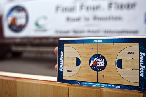 Chris Detrick | The Salt Lake Tribune 
A miniature replica of the Final Four floor at Connor Sport Court in Salt Lake City on Friday March 18, 2011. 
The floor that Salt Lake City-based Connor Sport Court has made for the NCAA men's basketball tournament will be making a stop in Salt Lake City on its way to the finals in Houston.