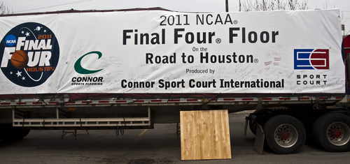Chris Detrick | The Salt Lake Tribune 
A sample of the Final Four floor at Connor Sport Court in Salt Lake City on Friday, March 18, 2011. 
The floor that Salt Lake City-based Connor Sport Court has made for the NCAA men's basketball tournament will be making a stop in Salt Lake City on its way to the finals in Houston.
