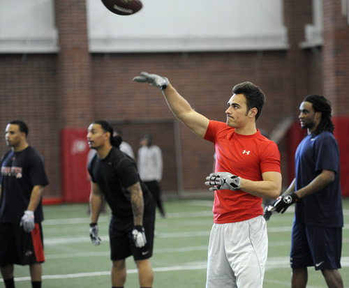 Sarah A. Miller  |  The Salt Lake Tribune

Southern Utah University wide receiver Fesi Sitake participates in a drill at Pro Day on Tuesday, March 29, 2011, at the University of Utah's Spence Eccles Field House in Salt Lake City.