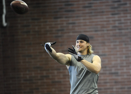 Sarah A. Miller  |  The Salt Lake Tribune

Southern Utah University football player Tysson Poots warms up for a drill with NFL scouts at Pro Day on Tuesday, March 29, 2011, at the University of Utah's Spence Eccles Field House in Salt Lake City.