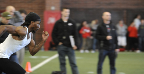 Sarah A. Miller  |  The Salt Lake Tribune

Weber State wide receiver Joe Collins performs a drill for NFL scouts at Pro Day on Tuesday, March 29, 2011, at the University of Utah's Spence Eccles Field House in Salt Lake City.