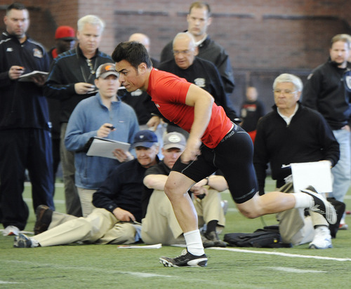 Sarah A. Miller  |  The Salt Lake Tribune

Southern Utah University wide receiver Fesi Sitake runs during a drill at Pro Day on Tuesday, March 29, 2011, at the University of Utah's Spence Eccles Field House in Salt Lake City.