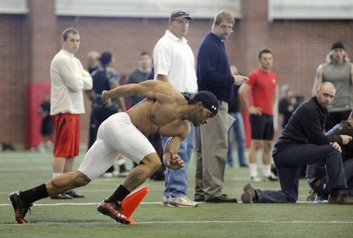 Sarah A. Miller  |  The Salt Lake Tribune

University of Utah football player Kameron Yancy runs through cones during a drill at Pro Day on Tuesday, March 29, 2011, at the University of Utah's Spence Eccles Field House in Salt Lake City.  Yancy was among the group of Ute players and several players from other Utah colleges hoping to get noticed by NFL scouts.